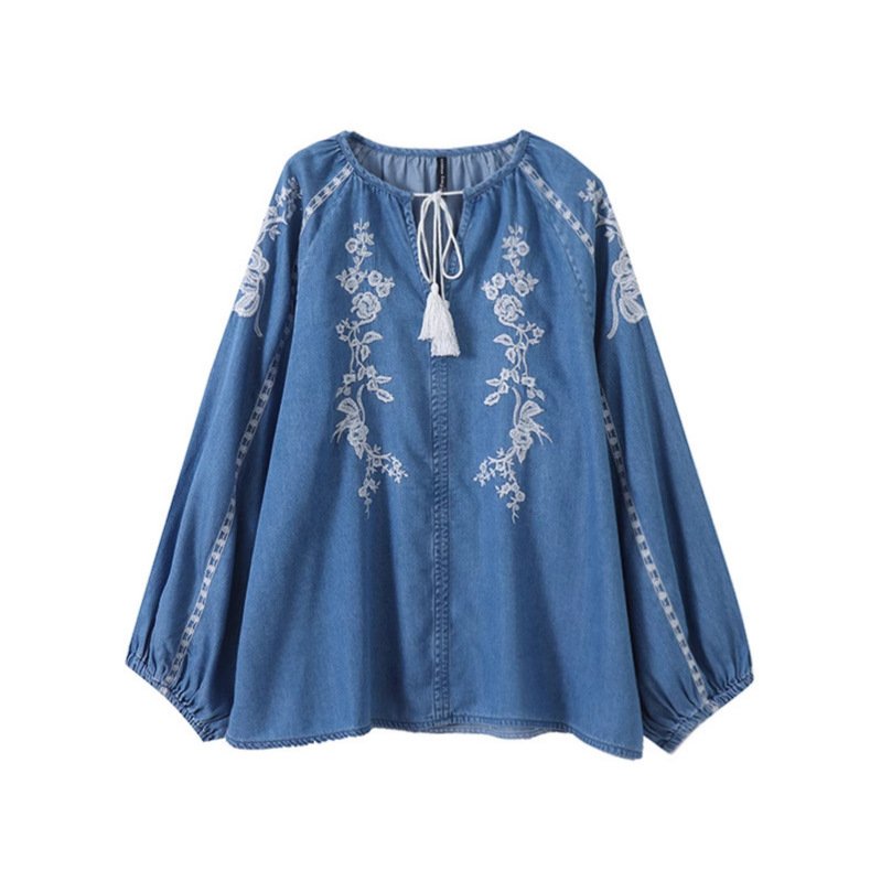 Women Denim Blouse Top Flower  - Tassel Fringe Trim review and price