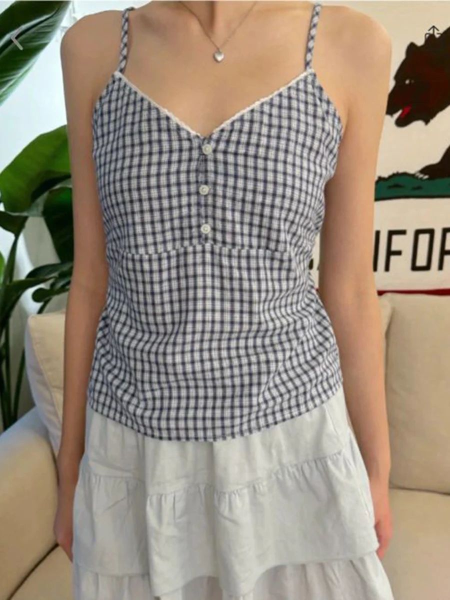 Navy Plaid Tank Shorts 2 Piece - Elastic Lace Trim review and price